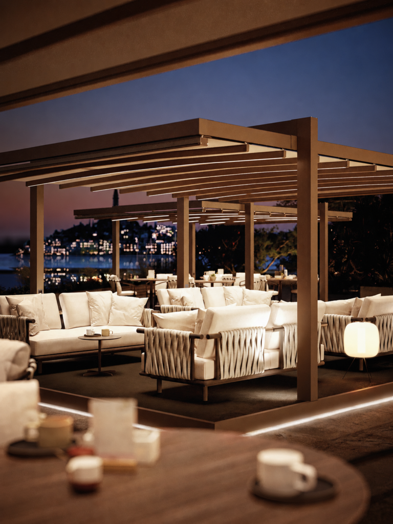 KI-Gestaltungsidee einer beleuchteten Hotellounge unter einer Überdachung am Abend