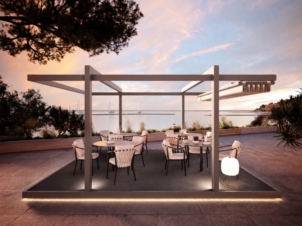 KI-Gestaltungsidee einer offenen Restaurantterrasse mit Tischen und Überdachung