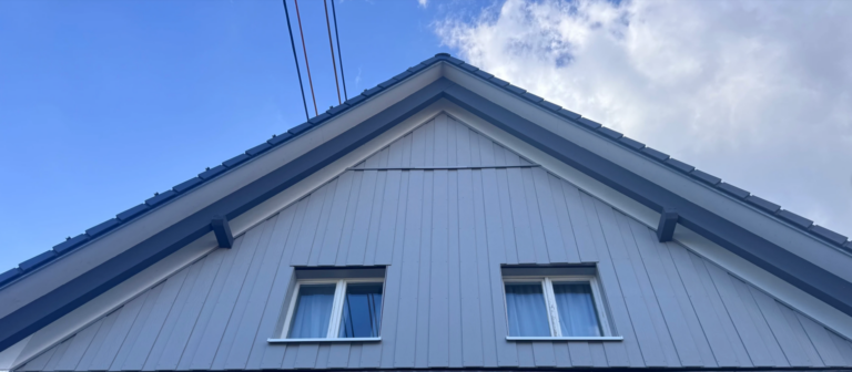 Metallfassade bei Oliver K.: Giebelansicht mit Fensteranschlüssen.